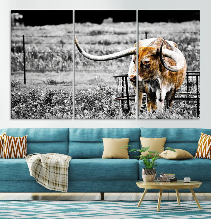 Highlighted by a striking Majestic Texas Longhorn Cow Wall Art, this rustic farmhouse décor piece adds a bold flair to the walls. Presented as a ready-to-hang canvas print, it enhances the space with its distinctive style.