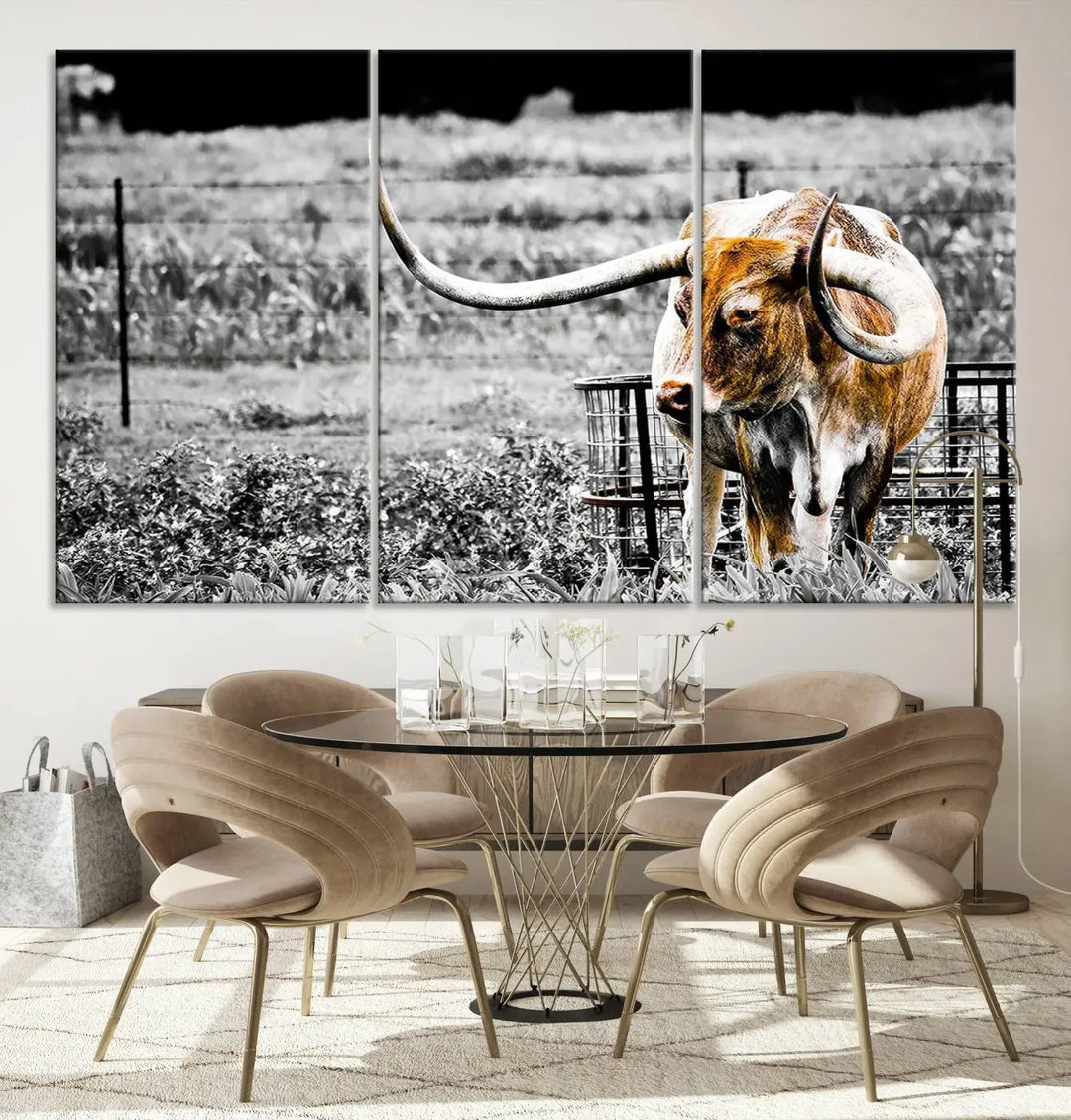 Highlighted by a striking Majestic Texas Longhorn Cow Wall Art, this rustic farmhouse décor piece adds a bold flair to the walls. Presented as a ready-to-hang canvas print, it enhances the space with its distinctive style.