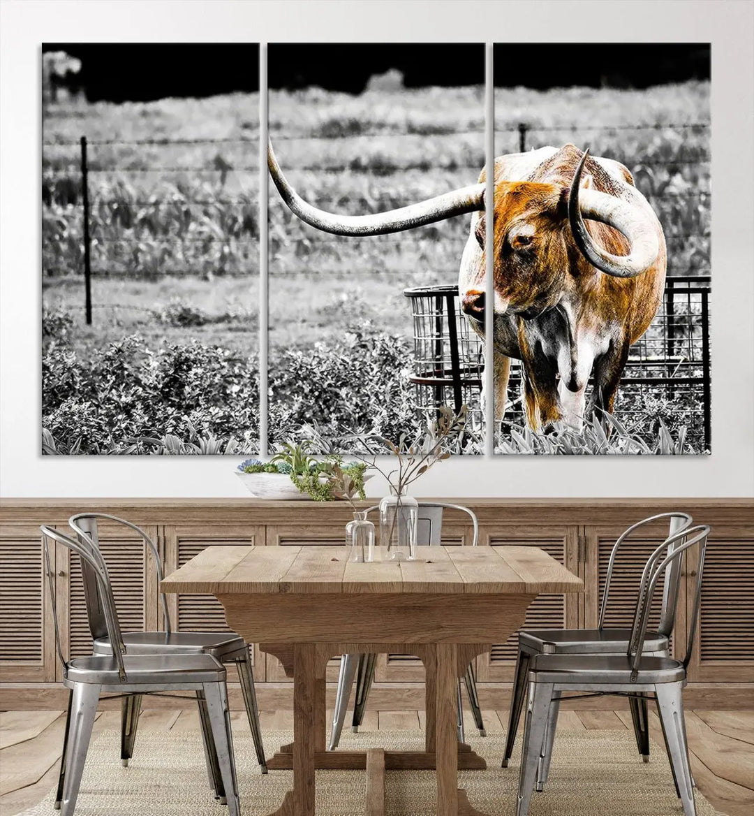 Highlighted by a striking Majestic Texas Longhorn Cow Wall Art, this rustic farmhouse décor piece adds a bold flair to the walls. Presented as a ready-to-hang canvas print, it enhances the space with its distinctive style.