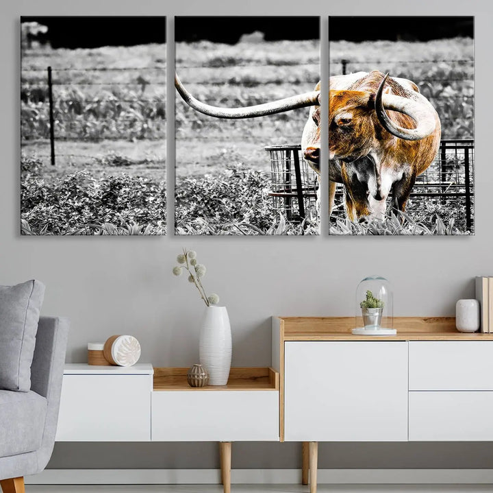 Highlighted by a striking Majestic Texas Longhorn Cow Wall Art, this rustic farmhouse décor piece adds a bold flair to the walls. Presented as a ready-to-hang canvas print, it enhances the space with its distinctive style.