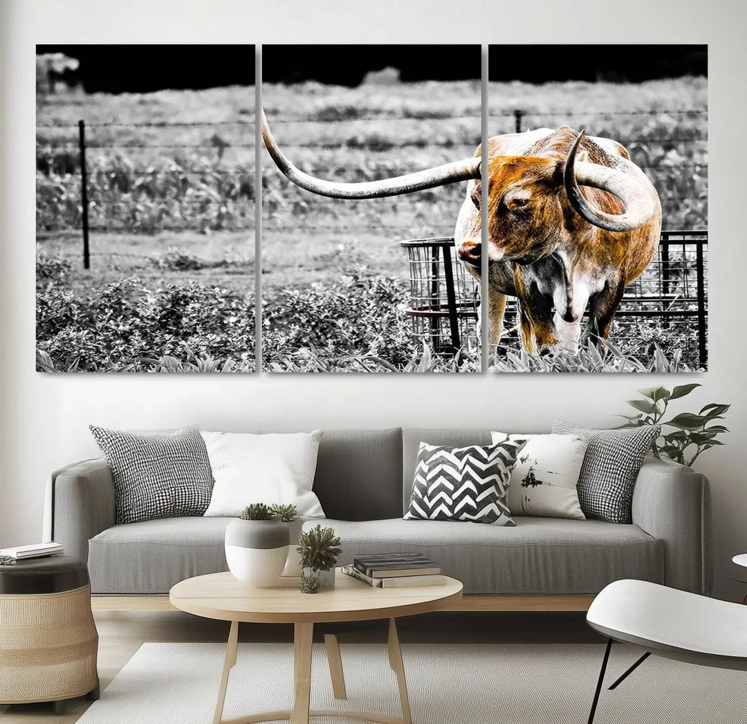 Highlighted by a striking Majestic Texas Longhorn Cow Wall Art, this rustic farmhouse décor piece adds a bold flair to the walls. Presented as a ready-to-hang canvas print, it enhances the space with its distinctive style.