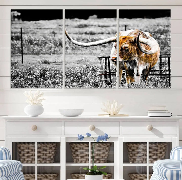 Highlighted by a striking Majestic Texas Longhorn Cow Wall Art, this rustic farmhouse décor piece adds a bold flair to the walls. Presented as a ready-to-hang canvas print, it enhances the space with its distinctive style.