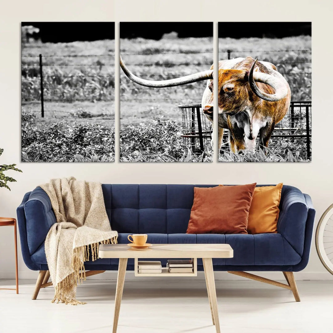 Highlighted by a striking Majestic Texas Longhorn Cow Wall Art, this rustic farmhouse décor piece adds a bold flair to the walls. Presented as a ready-to-hang canvas print, it enhances the space with its distinctive style.