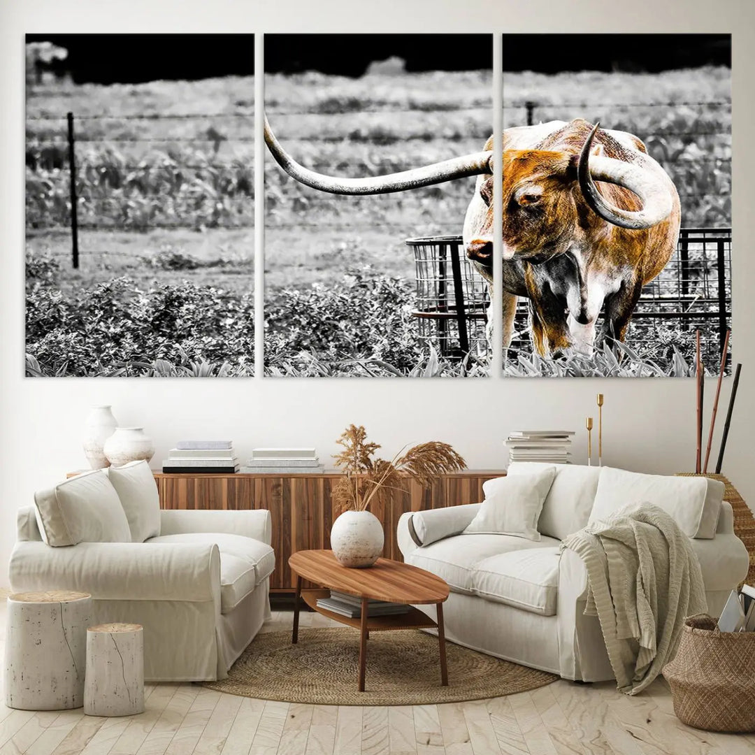 Highlighted by a striking Majestic Texas Longhorn Cow Wall Art, this rustic farmhouse décor piece adds a bold flair to the walls. Presented as a ready-to-hang canvas print, it enhances the space with its distinctive style.