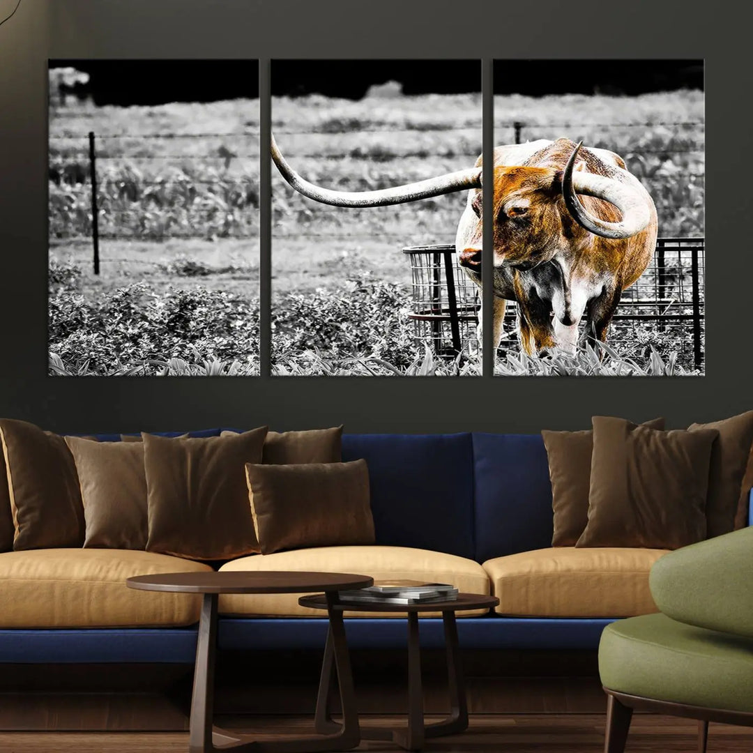 Highlighted by a striking Majestic Texas Longhorn Cow Wall Art, this rustic farmhouse décor piece adds a bold flair to the walls. Presented as a ready-to-hang canvas print, it enhances the space with its distinctive style.