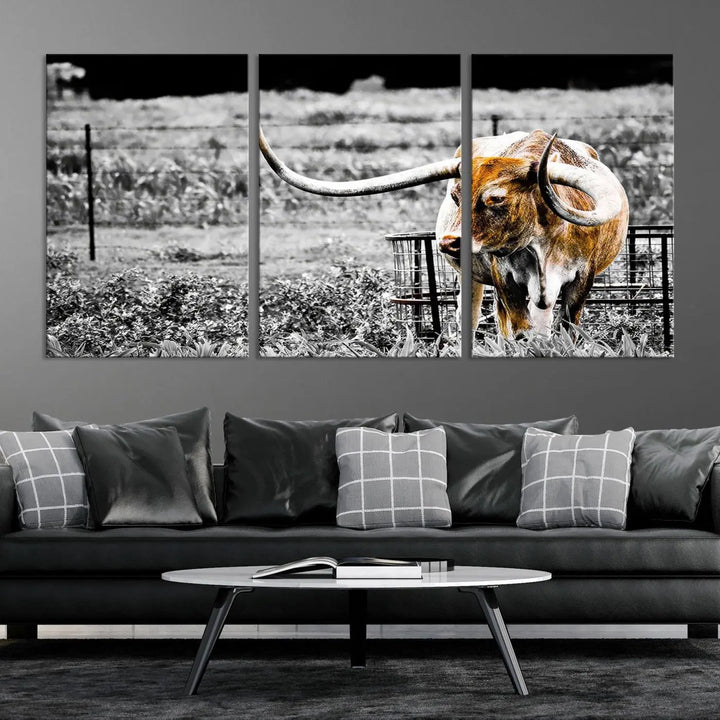 Highlighted by a striking Majestic Texas Longhorn Cow Wall Art, this rustic farmhouse décor piece adds a bold flair to the walls. Presented as a ready-to-hang canvas print, it enhances the space with its distinctive style.