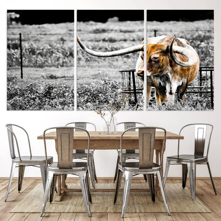 Highlighted by a striking Majestic Texas Longhorn Cow Wall Art, this rustic farmhouse décor piece adds a bold flair to the walls. Presented as a ready-to-hang canvas print, it enhances the space with its distinctive style.