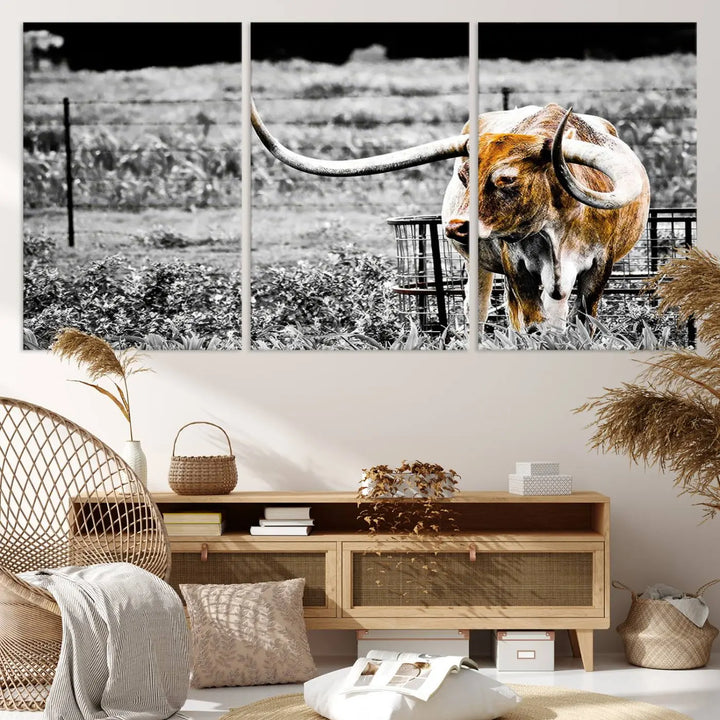 Highlighted by a striking Majestic Texas Longhorn Cow Wall Art, this rustic farmhouse décor piece adds a bold flair to the walls. Presented as a ready-to-hang canvas print, it enhances the space with its distinctive style.