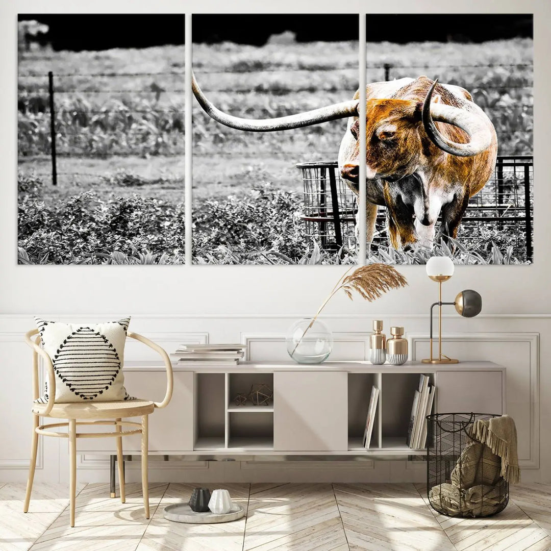 Highlighted by a striking Majestic Texas Longhorn Cow Wall Art, this rustic farmhouse décor piece adds a bold flair to the walls. Presented as a ready-to-hang canvas print, it enhances the space with its distinctive style.