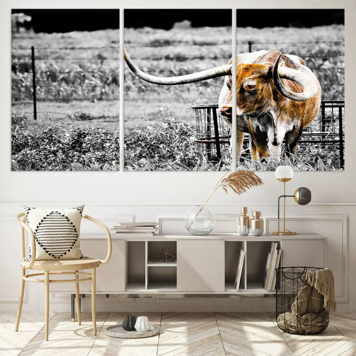 Highlighted by a striking Majestic Texas Longhorn Cow Wall Art, this rustic farmhouse décor piece adds a bold flair to the walls. Presented as a ready-to-hang canvas print, it enhances the space with its distinctive style.