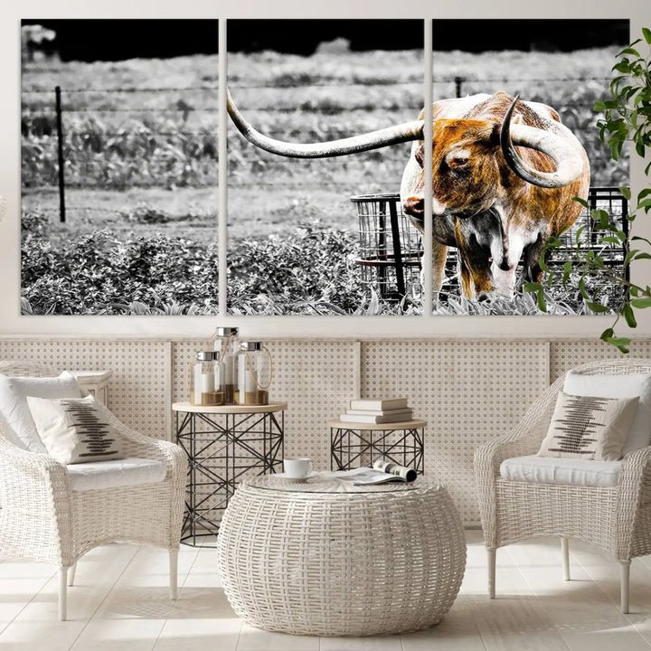 Highlighted by a striking Majestic Texas Longhorn Cow Wall Art, this rustic farmhouse décor piece adds a bold flair to the walls. Presented as a ready-to-hang canvas print, it enhances the space with its distinctive style.