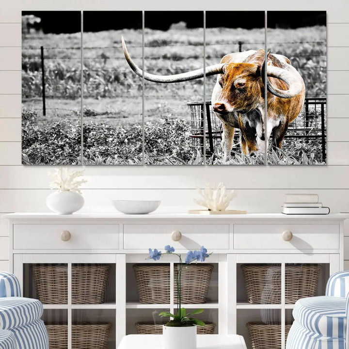 Highlighted by a striking Majestic Texas Longhorn Cow Wall Art, this rustic farmhouse décor piece adds a bold flair to the walls. Presented as a ready-to-hang canvas print, it enhances the space with its distinctive style.