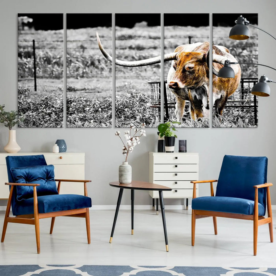 Highlighted by a striking Majestic Texas Longhorn Cow Wall Art, this rustic farmhouse décor piece adds a bold flair to the walls. Presented as a ready-to-hang canvas print, it enhances the space with its distinctive style.