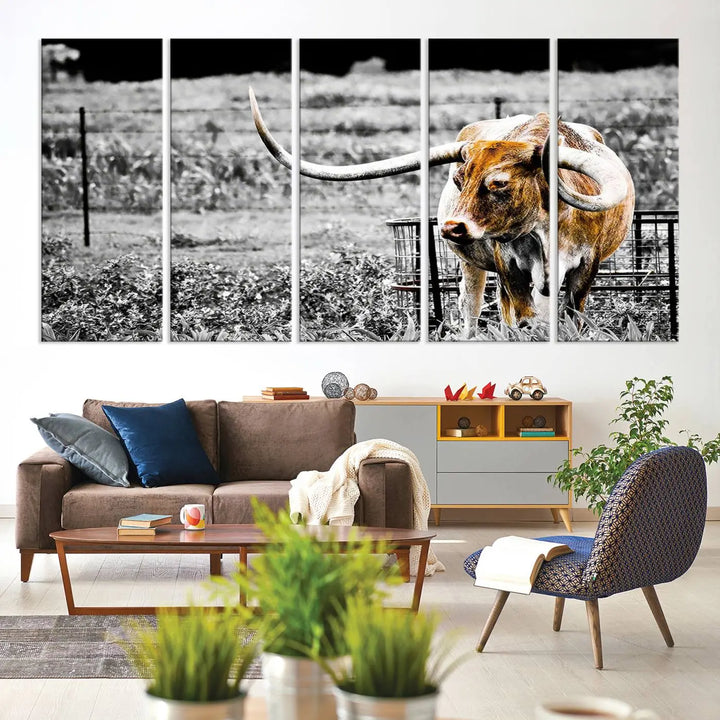 Highlighted by a striking Majestic Texas Longhorn Cow Wall Art, this rustic farmhouse décor piece adds a bold flair to the walls. Presented as a ready-to-hang canvas print, it enhances the space with its distinctive style.