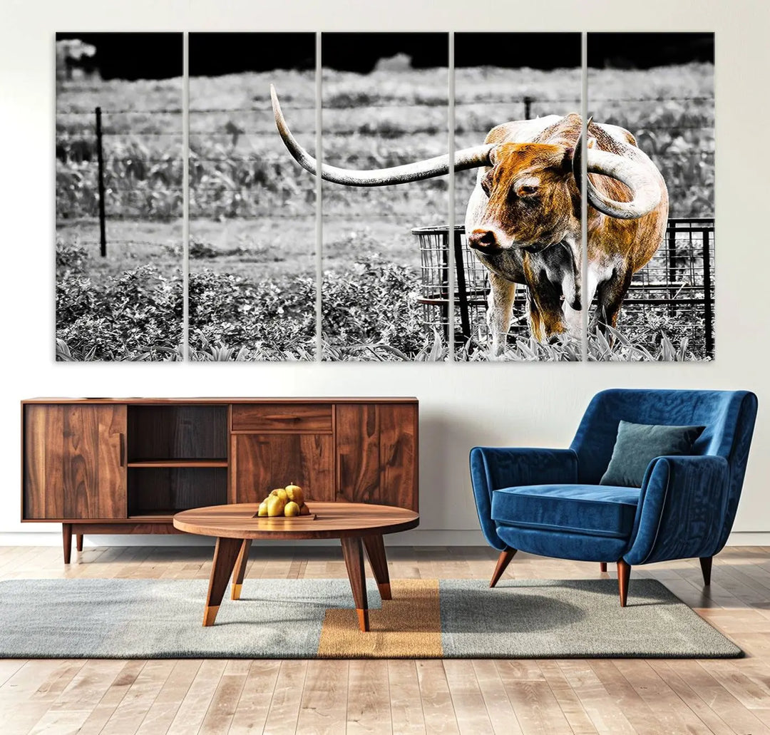 Highlighted by a striking Majestic Texas Longhorn Cow Wall Art, this rustic farmhouse décor piece adds a bold flair to the walls. Presented as a ready-to-hang canvas print, it enhances the space with its distinctive style.