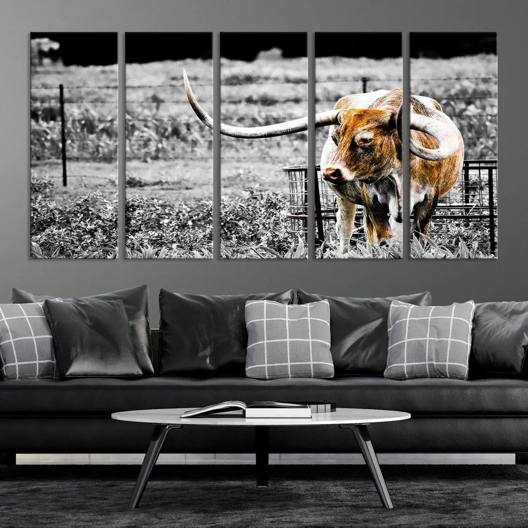 Highlighted by a striking Majestic Texas Longhorn Cow Wall Art, this rustic farmhouse décor piece adds a bold flair to the walls. Presented as a ready-to-hang canvas print, it enhances the space with its distinctive style.