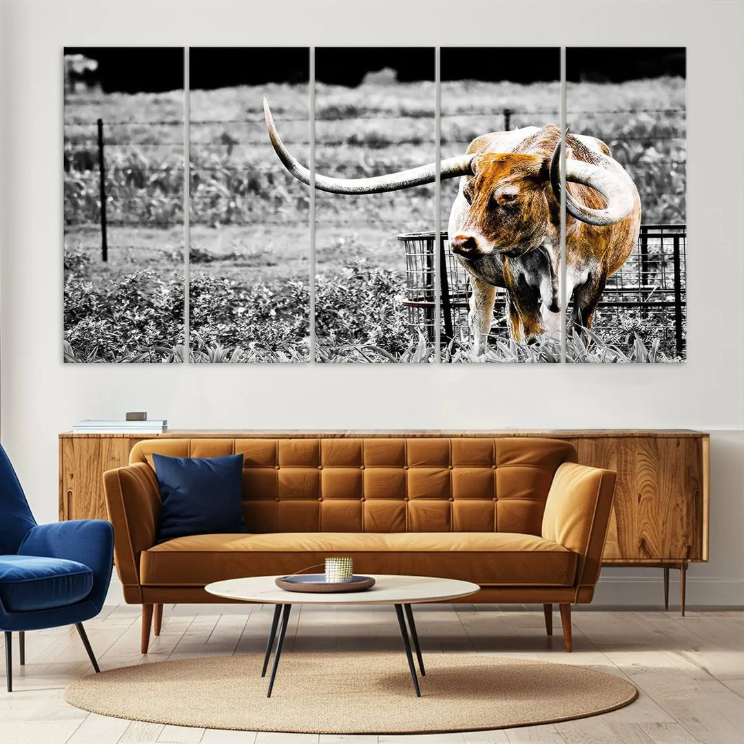 Highlighted by a striking Majestic Texas Longhorn Cow Wall Art, this rustic farmhouse décor piece adds a bold flair to the walls. Presented as a ready-to-hang canvas print, it enhances the space with its distinctive style.