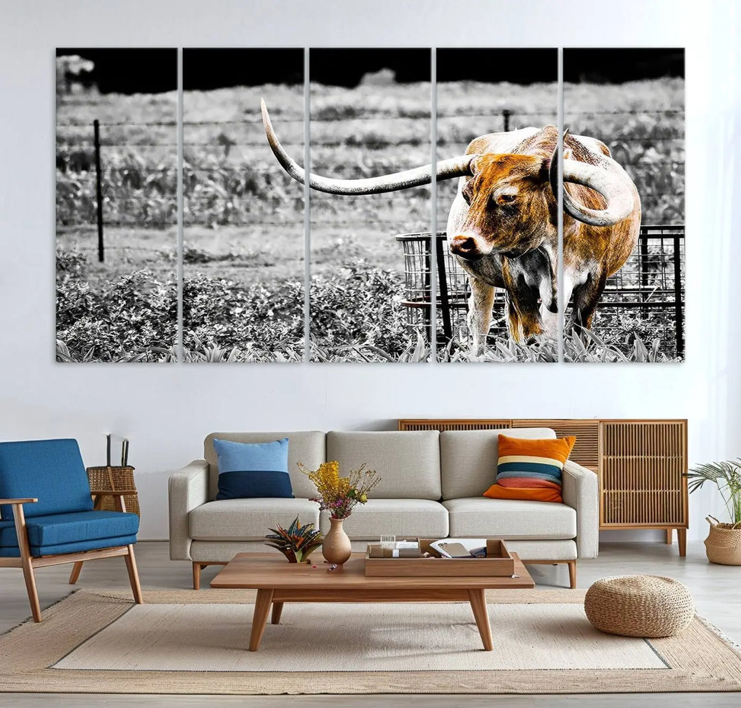 Highlighted by a striking Majestic Texas Longhorn Cow Wall Art, this rustic farmhouse décor piece adds a bold flair to the walls. Presented as a ready-to-hang canvas print, it enhances the space with its distinctive style.