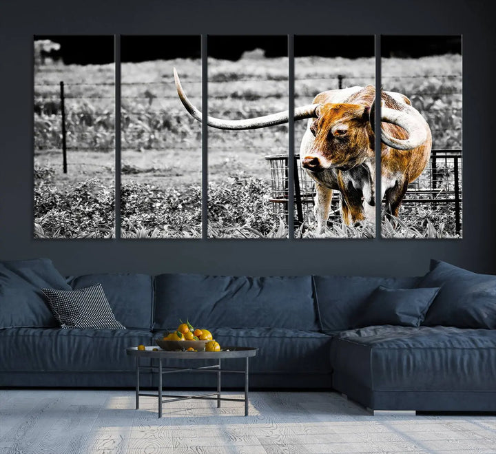 Highlighted by a striking Majestic Texas Longhorn Cow Wall Art, this rustic farmhouse décor piece adds a bold flair to the walls. Presented as a ready-to-hang canvas print, it enhances the space with its distinctive style.