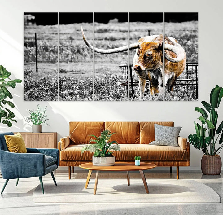 Highlighted by a striking Majestic Texas Longhorn Cow Wall Art, this rustic farmhouse décor piece adds a bold flair to the walls. Presented as a ready-to-hang canvas print, it enhances the space with its distinctive style.