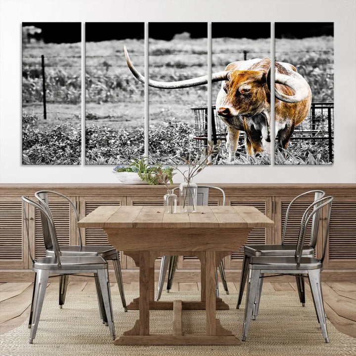 Highlighted by a striking Majestic Texas Longhorn Cow Wall Art, this rustic farmhouse décor piece adds a bold flair to the walls. Presented as a ready-to-hang canvas print, it enhances the space with its distinctive style.