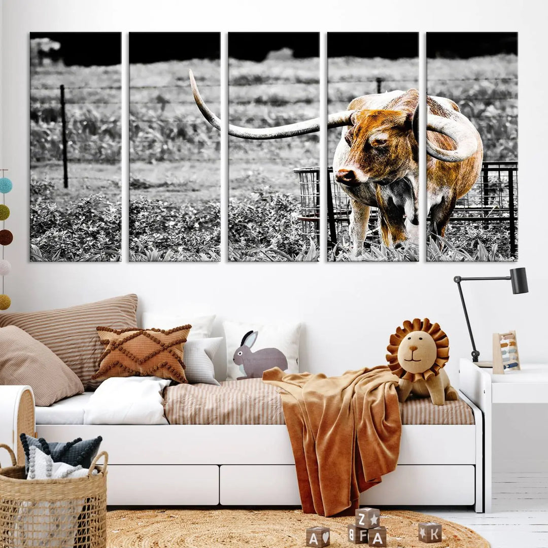 Highlighted by a striking Majestic Texas Longhorn Cow Wall Art, this rustic farmhouse décor piece adds a bold flair to the walls. Presented as a ready-to-hang canvas print, it enhances the space with its distinctive style.