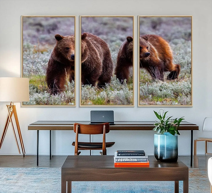 The Majestic Wildlife Photography of Queen of the Tetons, 399 Grizzly Bear Canvas Wall Art Print, features two brown bears roaming a grassy field—ideal for enhancing any wall space.