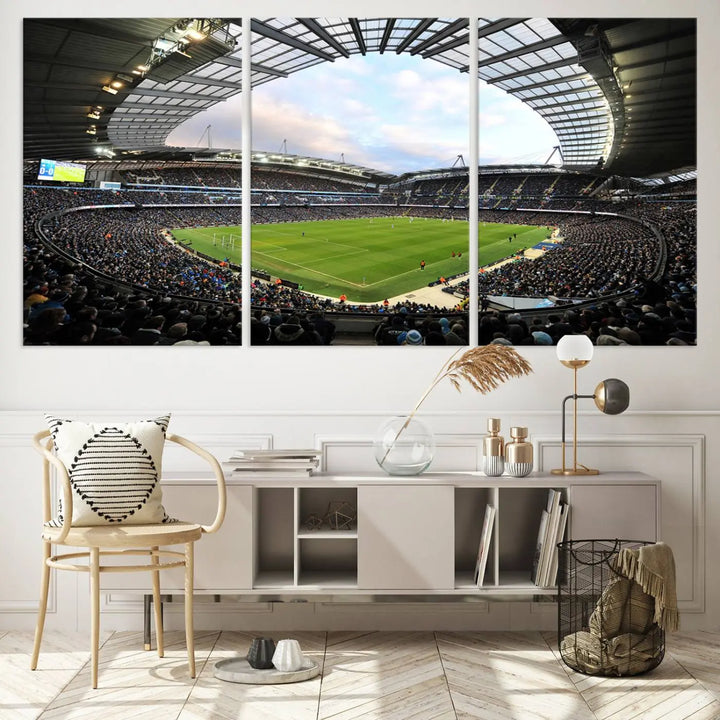 A panoramic view of Manchester City's Etihad Stadium during a football match is captured in this premium canvas art. This striking triptych wall decor, named the "Manchester City Etihad Stadium Wall Art Canvas Print - Premier League Football Stadium," adds an elegant touch to any room.