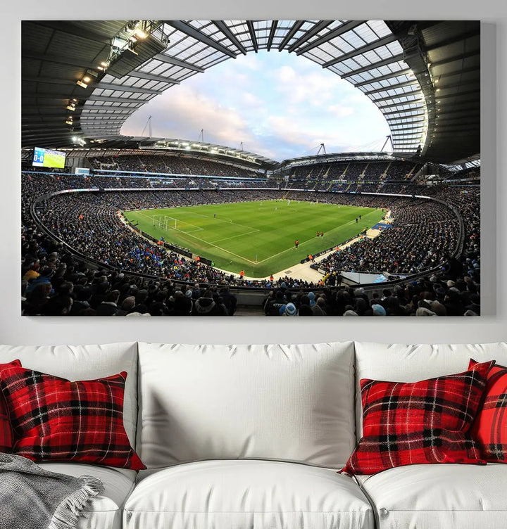 A panoramic view of Manchester City's Etihad Stadium during a football match is captured in this premium canvas art. This striking triptych wall decor, named the "Manchester City Etihad Stadium Wall Art Canvas Print - Premier League Football Stadium," adds an elegant touch to any room.