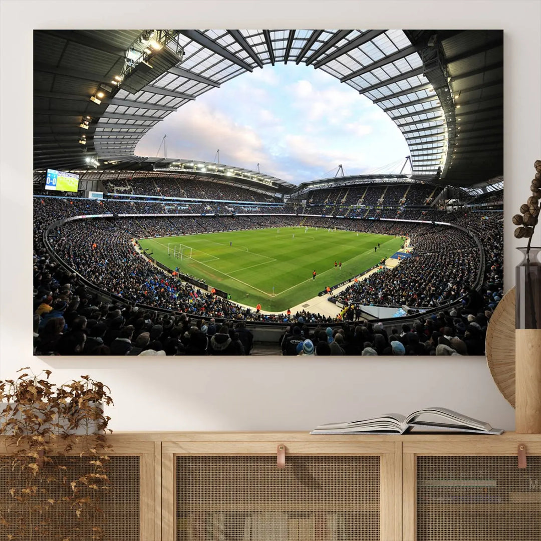 A panoramic view of Manchester City's Etihad Stadium during a football match is captured in this premium canvas art. This striking triptych wall decor, named the "Manchester City Etihad Stadium Wall Art Canvas Print - Premier League Football Stadium," adds an elegant touch to any room.