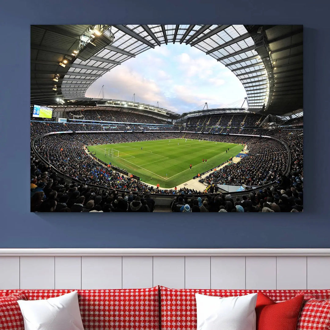 A panoramic view of Manchester City's Etihad Stadium during a football match is captured in this premium canvas art. This striking triptych wall decor, named the "Manchester City Etihad Stadium Wall Art Canvas Print - Premier League Football Stadium," adds an elegant touch to any room.