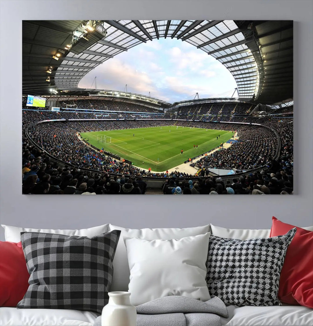 A panoramic view of Manchester City's Etihad Stadium during a football match is captured in this premium canvas art. This striking triptych wall decor, named the "Manchester City Etihad Stadium Wall Art Canvas Print - Premier League Football Stadium," adds an elegant touch to any room.