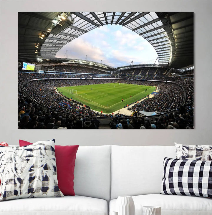 A panoramic view of Manchester City's Etihad Stadium during a football match is captured in this premium canvas art. This striking triptych wall decor, named the "Manchester City Etihad Stadium Wall Art Canvas Print - Premier League Football Stadium," adds an elegant touch to any room.