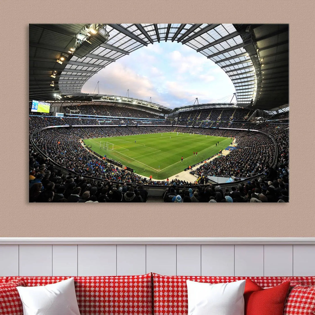 A panoramic view of Manchester City's Etihad Stadium during a football match is captured in this premium canvas art. This striking triptych wall decor, named the "Manchester City Etihad Stadium Wall Art Canvas Print - Premier League Football Stadium," adds an elegant touch to any room.