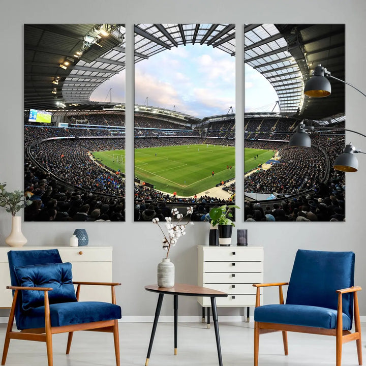 A panoramic view of Manchester City's Etihad Stadium during a football match is captured in this premium canvas art. This striking triptych wall decor, named the "Manchester City Etihad Stadium Wall Art Canvas Print - Premier League Football Stadium," adds an elegant touch to any room.