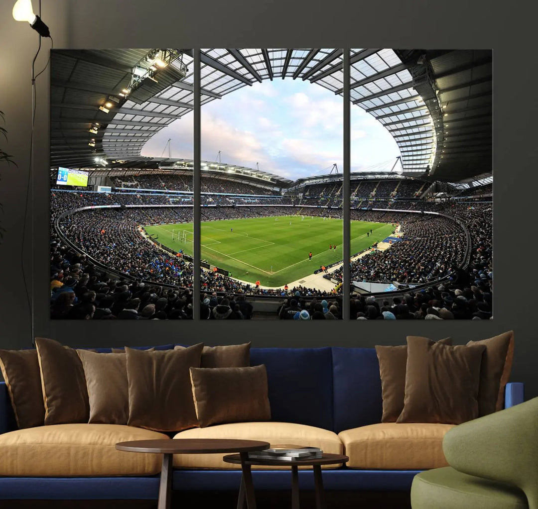 A panoramic view of Manchester City's Etihad Stadium during a football match is captured in this premium canvas art. This striking triptych wall decor, named the "Manchester City Etihad Stadium Wall Art Canvas Print - Premier League Football Stadium," adds an elegant touch to any room.