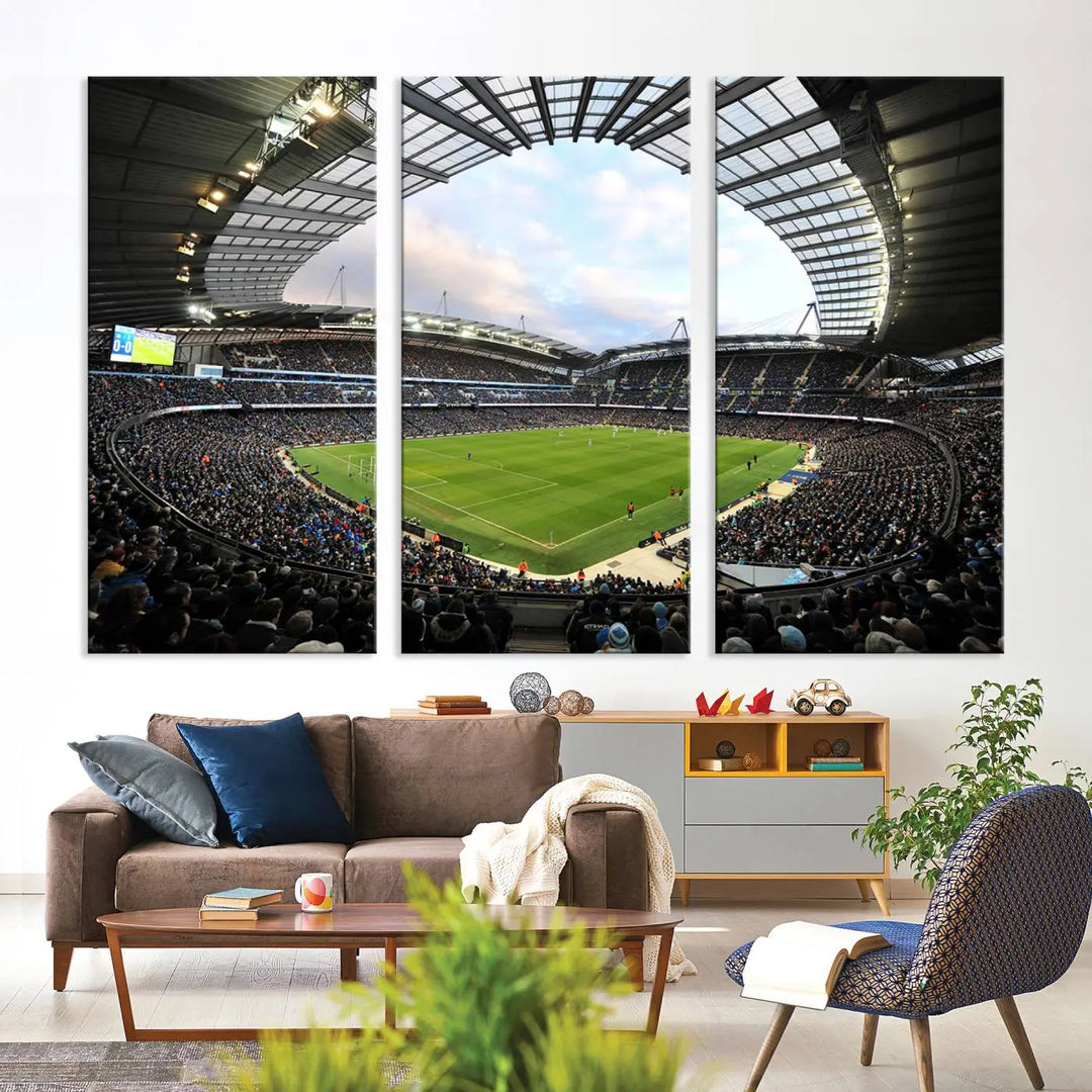 A panoramic view of Manchester City's Etihad Stadium during a football match is captured in this premium canvas art. This striking triptych wall decor, named the "Manchester City Etihad Stadium Wall Art Canvas Print - Premier League Football Stadium," adds an elegant touch to any room.