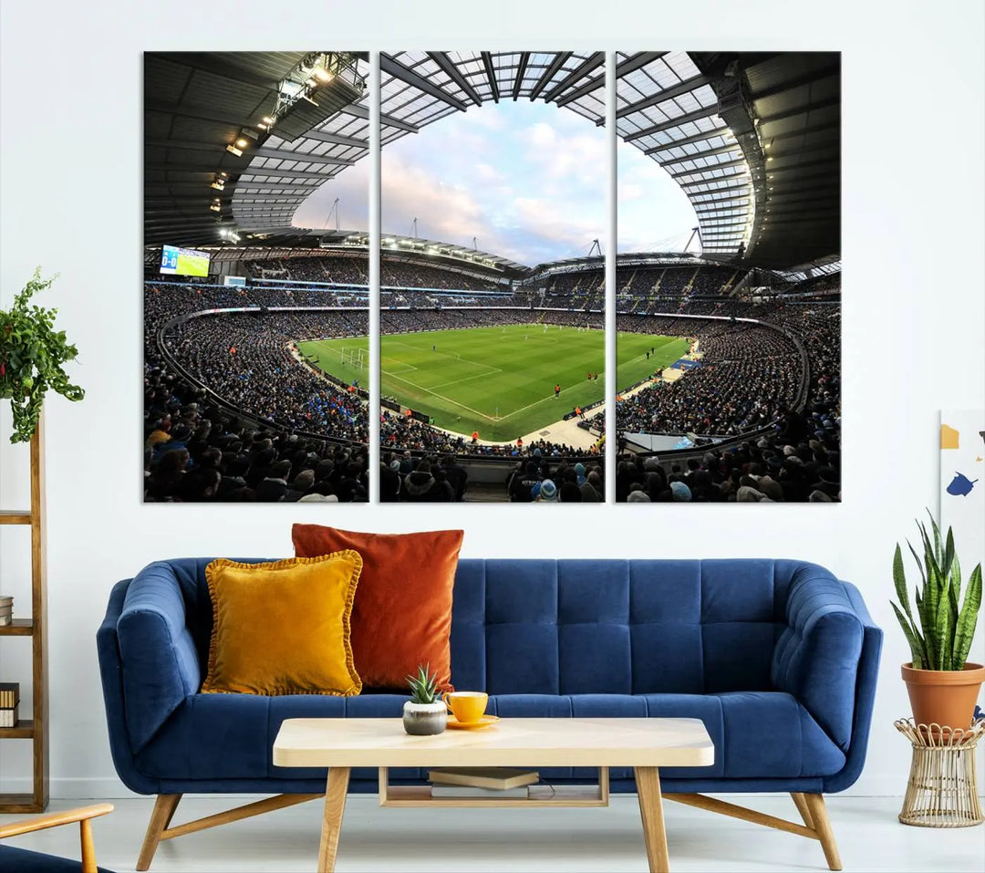 A panoramic view of Manchester City's Etihad Stadium during a football match is captured in this premium canvas art. This striking triptych wall decor, named the "Manchester City Etihad Stadium Wall Art Canvas Print - Premier League Football Stadium," adds an elegant touch to any room.