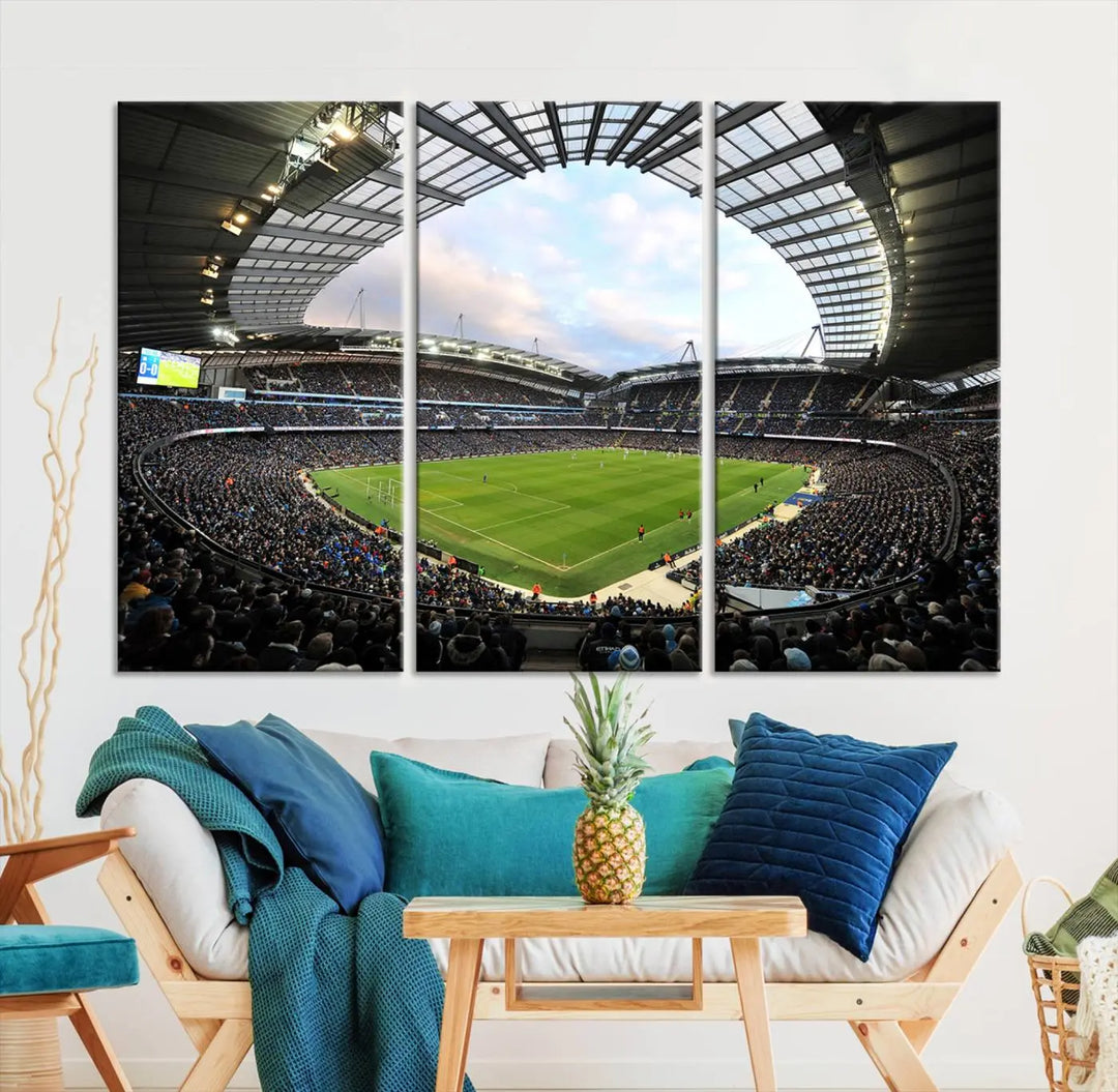 A panoramic view of Manchester City's Etihad Stadium during a football match is captured in this premium canvas art. This striking triptych wall decor, named the "Manchester City Etihad Stadium Wall Art Canvas Print - Premier League Football Stadium," adds an elegant touch to any room.