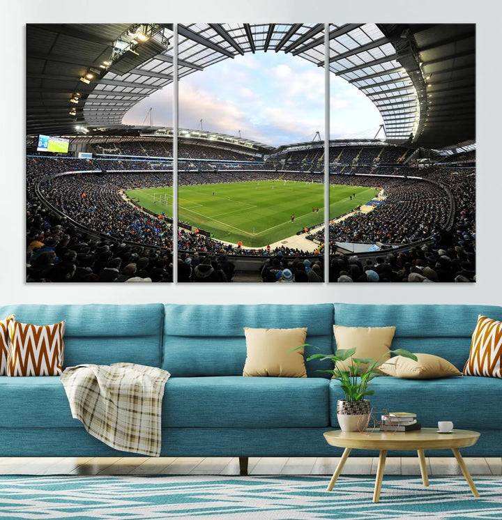 A panoramic view of Manchester City's Etihad Stadium during a football match is captured in this premium canvas art. This striking triptych wall decor, named the "Manchester City Etihad Stadium Wall Art Canvas Print - Premier League Football Stadium," adds an elegant touch to any room.