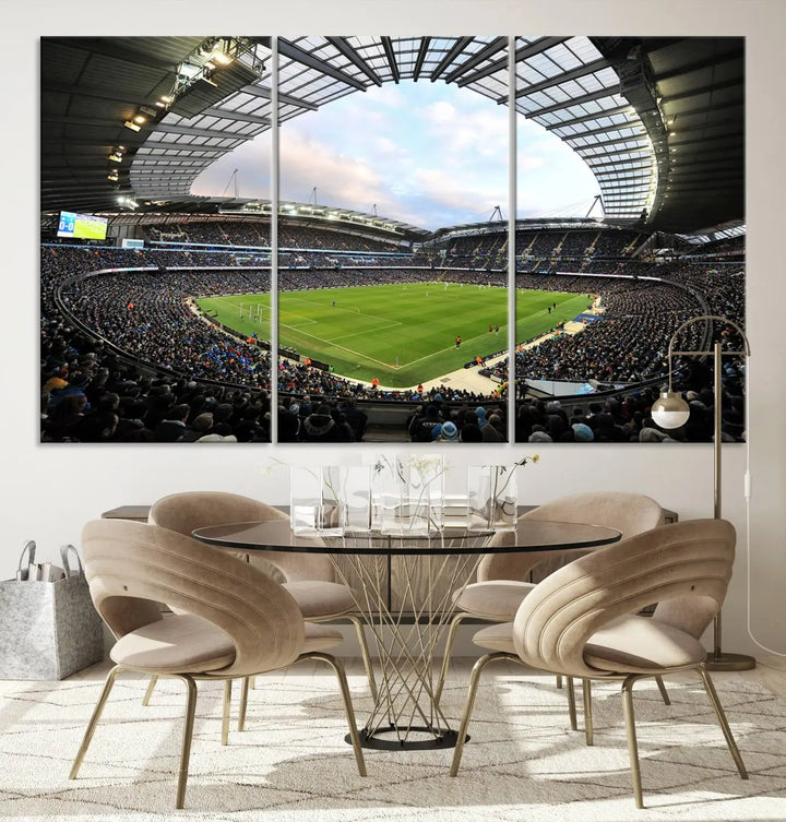 A panoramic view of Manchester City's Etihad Stadium during a football match is captured in this premium canvas art. This striking triptych wall decor, named the "Manchester City Etihad Stadium Wall Art Canvas Print - Premier League Football Stadium," adds an elegant touch to any room.