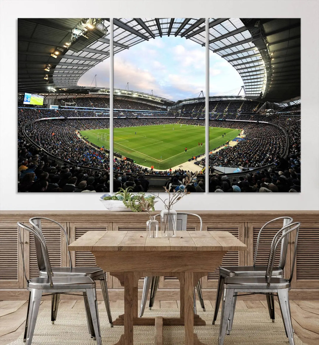 A panoramic view of Manchester City's Etihad Stadium during a football match is captured in this premium canvas art. This striking triptych wall decor, named the "Manchester City Etihad Stadium Wall Art Canvas Print - Premier League Football Stadium," adds an elegant touch to any room.