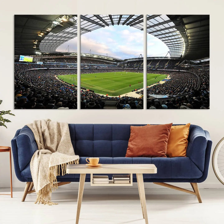 A panoramic view of Manchester City's Etihad Stadium during a football match is captured in this premium canvas art. This striking triptych wall decor, named the "Manchester City Etihad Stadium Wall Art Canvas Print - Premier League Football Stadium," adds an elegant touch to any room.