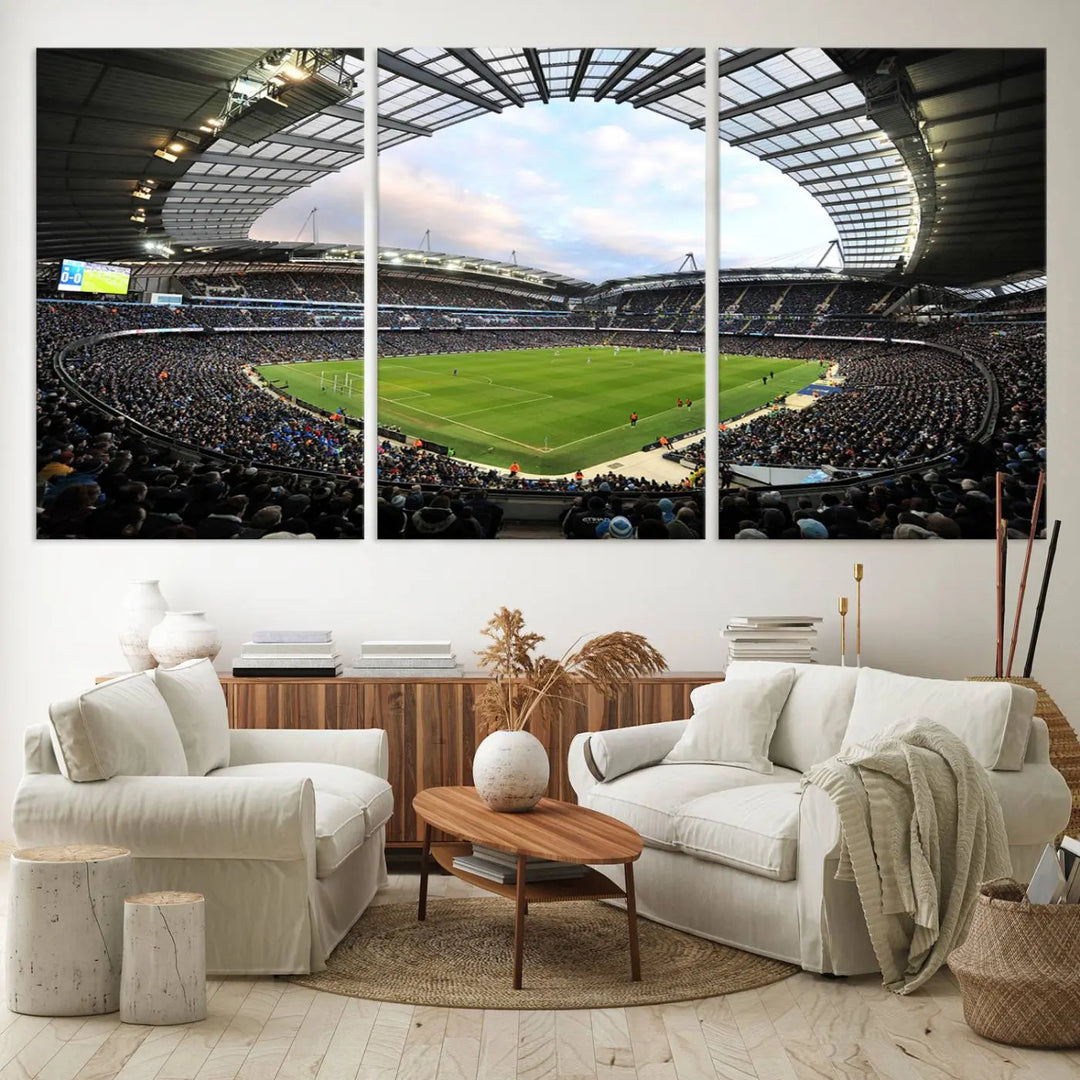 A panoramic view of Manchester City's Etihad Stadium during a football match is captured in this premium canvas art. This striking triptych wall decor, named the "Manchester City Etihad Stadium Wall Art Canvas Print - Premier League Football Stadium," adds an elegant touch to any room.