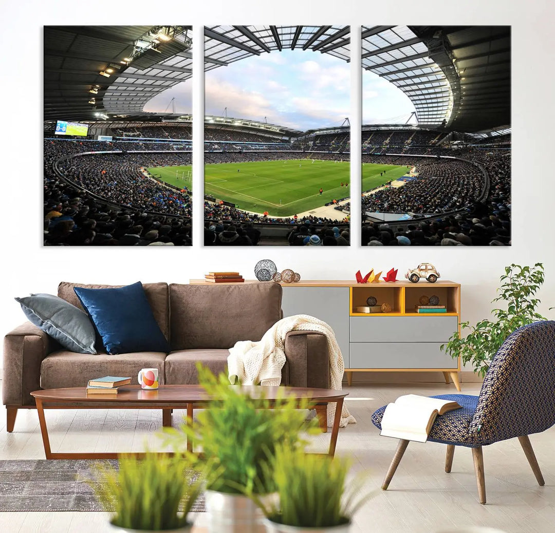 A panoramic view of Manchester City's Etihad Stadium during a football match is captured in this premium canvas art. This striking triptych wall decor, named the "Manchester City Etihad Stadium Wall Art Canvas Print - Premier League Football Stadium," adds an elegant touch to any room.