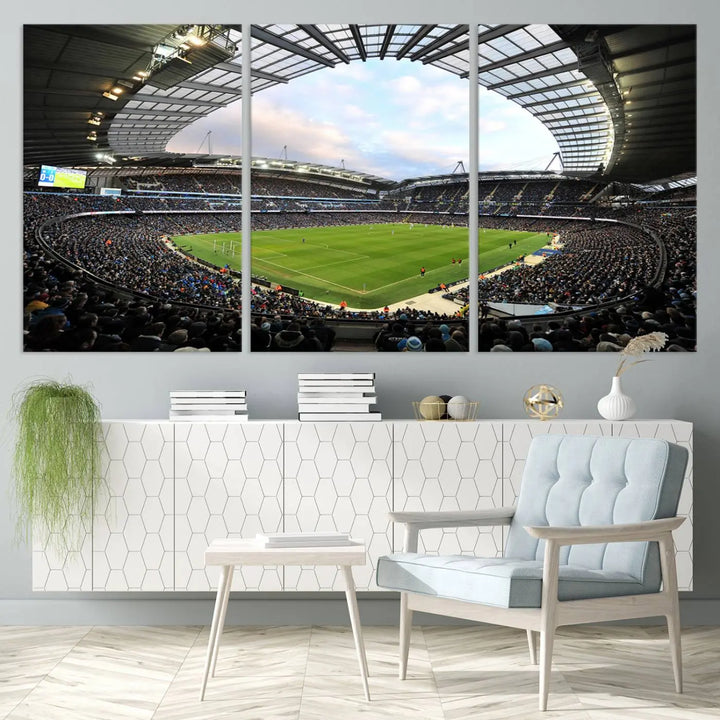 A panoramic view of Manchester City's Etihad Stadium during a football match is captured in this premium canvas art. This striking triptych wall decor, named the "Manchester City Etihad Stadium Wall Art Canvas Print - Premier League Football Stadium," adds an elegant touch to any room.