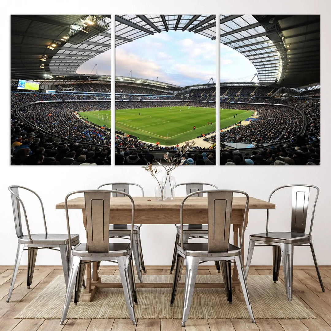 A panoramic view of Manchester City's Etihad Stadium during a football match is captured in this premium canvas art. This striking triptych wall decor, named the "Manchester City Etihad Stadium Wall Art Canvas Print - Premier League Football Stadium," adds an elegant touch to any room.