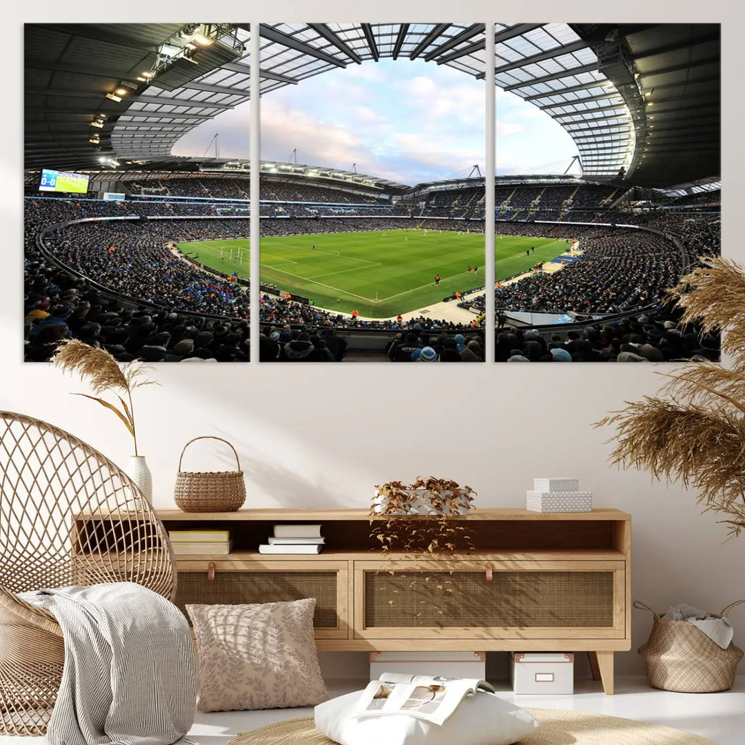 A panoramic view of Manchester City's Etihad Stadium during a football match is captured in this premium canvas art. This striking triptych wall decor, named the "Manchester City Etihad Stadium Wall Art Canvas Print - Premier League Football Stadium," adds an elegant touch to any room.