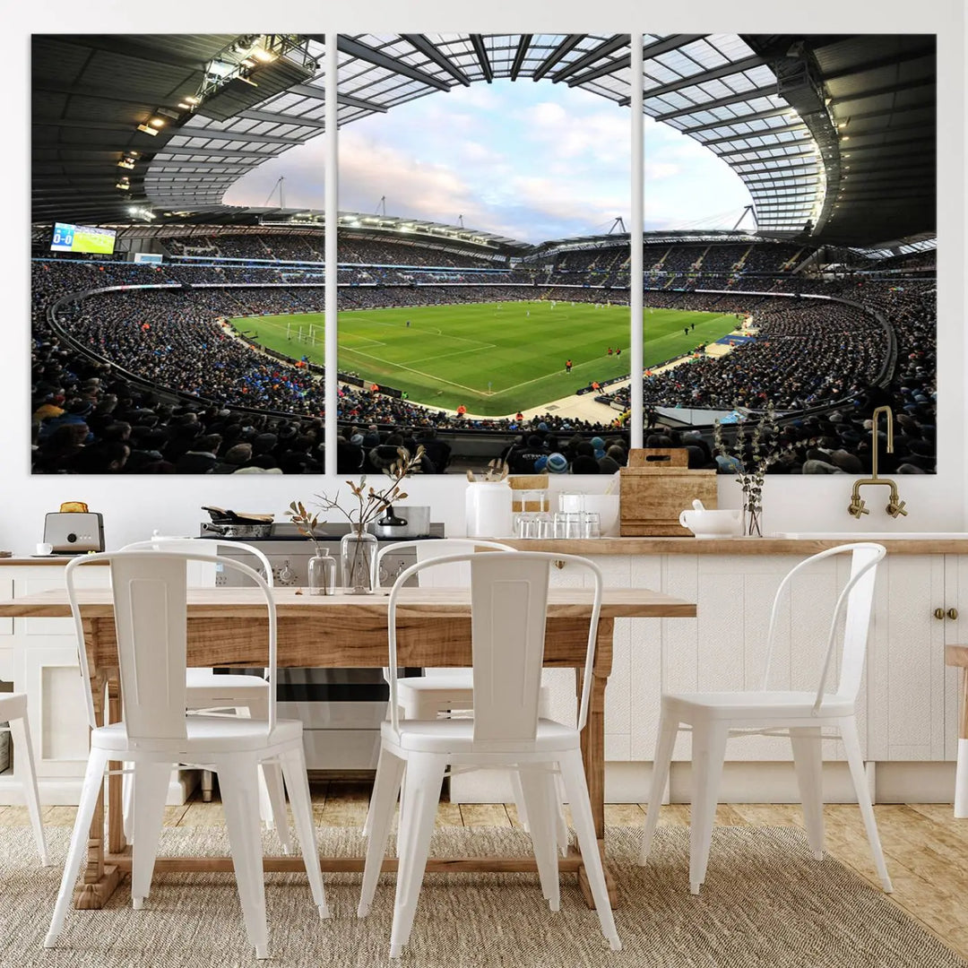 A panoramic view of Manchester City's Etihad Stadium during a football match is captured in this premium canvas art. This striking triptych wall decor, named the "Manchester City Etihad Stadium Wall Art Canvas Print - Premier League Football Stadium," adds an elegant touch to any room.