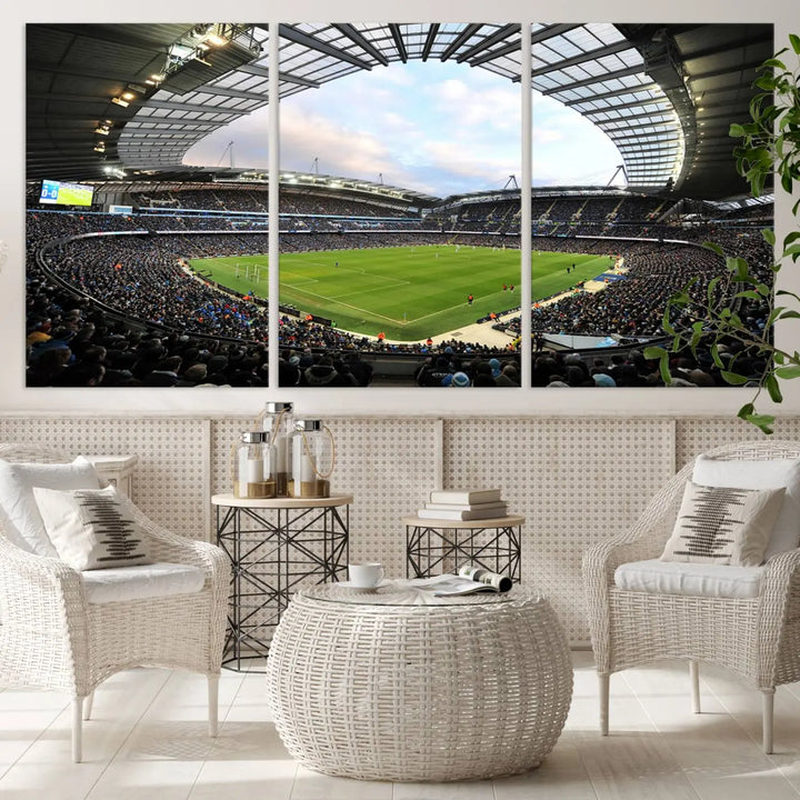 A panoramic view of Manchester City's Etihad Stadium during a football match is captured in this premium canvas art. This striking triptych wall decor, named the "Manchester City Etihad Stadium Wall Art Canvas Print - Premier League Football Stadium," adds an elegant touch to any room.